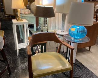 MCM chair, side tables, table lamps