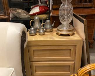 Thomasville nightstand, glass lamp, pillows, pewter