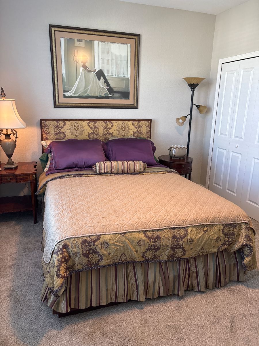 Platform bed headboard 48” Royal Pedic                        Mattress Box Spring and platform excellent condition,  Maitland Smith End table with drawers and pull outs. 25" H X 24" A 24"                                                                     Round drum table with drawers 25" H X 25" D 