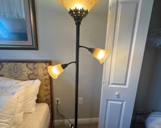Torchier Floor Lamp with 2 reading lights and scalloped glass shades, bronze finish.  71" Tall