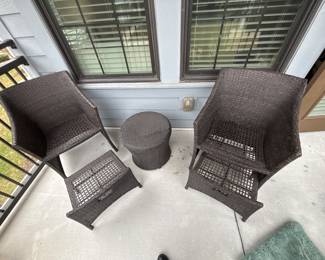 Small forever wicker outdoor patio chairs with nesting foot stools and storage table H 16" at seat x 22" x 20"
table 19” diameter X17” tall