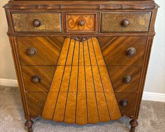 Art Deco Waterfall Dresser 47” High x 16” deep x 37” 3 large drawers 4 small valet drawers on top.  See pics for ware. 