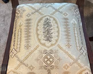 Duncan Phyfe inspired-empire style mahogany lyre-back chair with patterned upholstered seat.