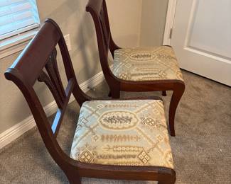 Duncan Phyfe inspired-empire style mahogany lyre-back chair with patterned upholstered seat.