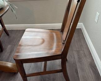 Solid Wood Distressed Pedestal dining table with 6 chairs  31” H x 45” D
27” at tall at apron
Has one leaf to that extend stable to 52" and two armchairs