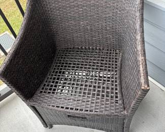 Small forever wicker outdoor patio chairs with nesting foot stools and storage table H 16" at seat x 22" x 20"
table 19” diameter X17” tall