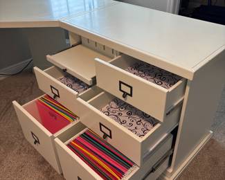 Ballard Designs L&nbsp;Shaped Desk H 30 x 72” x 72”&nbsp;
width 20" at center and 33”