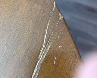 Solid Wood Distressed Pedestal dining table with 6 chairs  31” H x 45” D
27” at tall at apron
Has one leaf to that extend stable to 52" and two armchairs