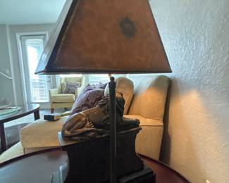 Maitland-Smith bronze lion table lamp with leather shade 24” tall x 11 x 5