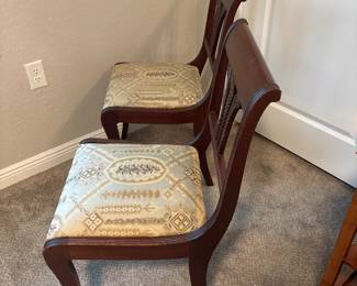 Duncan Phyfe inspired-empire style mahogany lyre-back chair with patterned upholstered seat.
