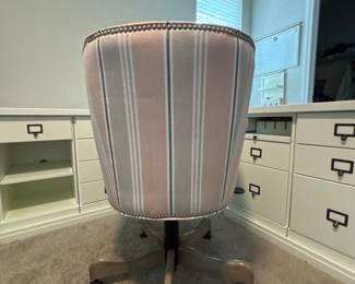 Pink and White Wingback Office Chair with striped fabric upholstery and brass nail head trim. Swivels, roles and lifts. 