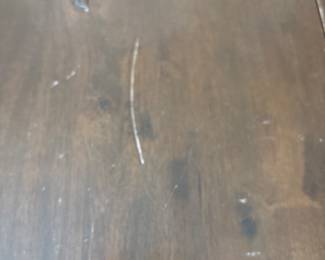 Solid Wood Distressed Pedestal dining table with 6 chairs  31” H x 45” D
27” at tall at apron
Has one leaf to that extend stable to 52" and two armchairs