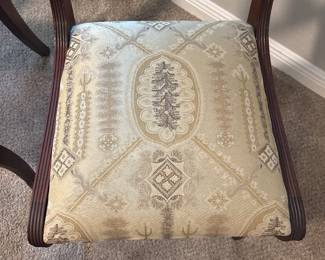 Duncan Phyfe inspired-empire style mahogany lyre-back chair with patterned upholstered seat.