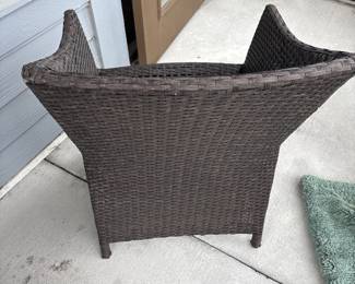 Small forever wicker outdoor patio chairs with nesting foot stools and storage table H 16" at seat x 22" x 20"
table 19” diameter X17” tall