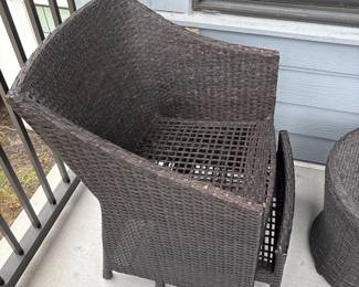 Small forever wicker outdoor patio chairs with nesting foot stools and storage table H 16" at seat x 22" x 20"
table 19” diameter X17” tall