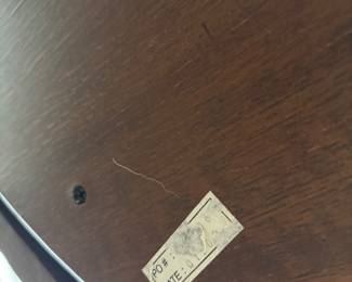 Solid Wood Distressed Pedestal dining table with 6 chairs  31” H x 45” D
27” at tall at apron
Has one leaf to that extend stable to 52" and two armchairs