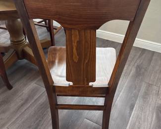 Solid Wood Distressed Pedestal dining table with 6 chairs  31” H x 45” D
27” at tall at apron
Has one leaf to that extend stable to 52" and two armchairs