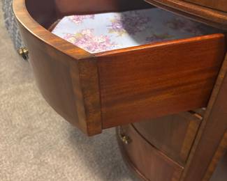Maitland-Smith Regency Style inlayed Mahogany oval  desk with pristine hand tooled leather writing surface.                                                                                                          28" H 63 1/2" W X 26" D                     empire, neoclassical    