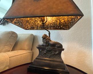  Maitland-Smith bronze lion table lamp with leather shade 24” tall x 11 x 5