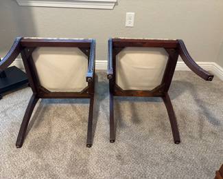 Duncan Phyfe inspired-empire style mahogany lyre-back chair with patterned upholstered seat.