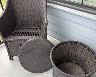 Small forever wicker outdoor patio chairs with nesting foot stools and storage table H 16" at seat x 22" x 20"
table 19” diameter X17” tall