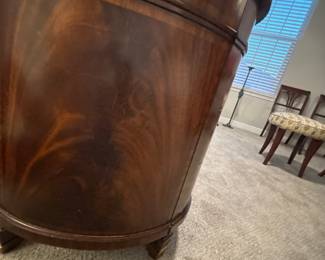 Maitland-Smith Regency Style inlayed Mahogany oval  desk with pristine hand tooled leather writing surface.                                                                                                          28" H 63 1/2" W X 26" D          