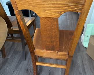Solid Wood Distressed Pedestal dining table with 6 chairs  31” H x 45” D
27” at tall at apron
Has one leaf to that extend stable to 52" and two armchairs