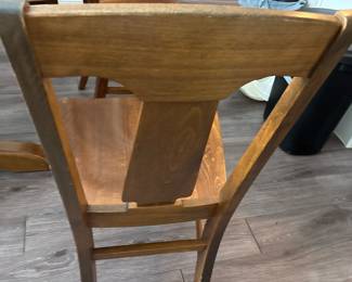 Solid Wood Distressed Pedestal dining table with 6 chairs  31” H x 45” D
27” at tall at apron
Has one leaf to that extend stable to 52" and two armchairs