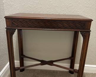 Maitland Smith Chippendale-style mahogany side tea table. Carved fretwork apron and straight legs.   
