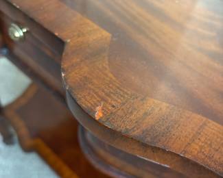 Maitland-Smith McKinley mahogany occasional accent side table serpentine shape with aged regency finish one drawer and three pull outs. 24" X 24" X 26" high.