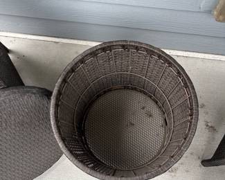 Small forever wicker outdoor patio chairs with nesting foot stools and storage table H 16" at seat x 22" x 20"
table 19” diameter X17” tall