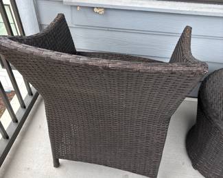 Small forever wicker outdoor patio chairs with nesting foot stools and storage table H 16" at seat x 22" x 20"
table 19” diameter X17” tall