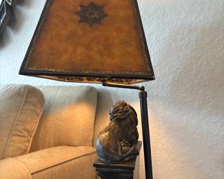 Maitland-Smith bronze lion table lamp with leather shade 24” tall x 11" x 5"