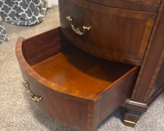 Maitland-Smith Regency Style inlayed Mahogany oval  desk with pristine hand tooled leather writing surface.                                                                                                          28" H 63 1/2" W X 26" D                empire, neoclassical    