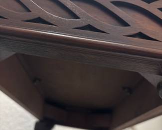 Maitland Smith Chippendale-style mahogany side tea table. Carved fretwork apron and straight legs.   