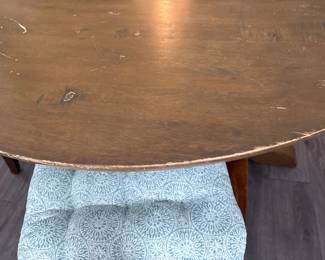 Solid Wood Distressed Pedestal dining table with 6 chairs  31” H x 45” D
27” at tall at apron
Has one leaf to that extend stable to 52" and two armchairs