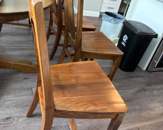 Solid Wood Distressed Pedestal dining table with 6 chairs  31” H x 45” D
27” at tall at apron
Has one leaf to that extend stable to 52" and two armchairs