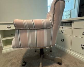 Pink and White Wingback Office Chair with striped fabric upholstery and brass nail head trim. Swivels, roles and lifts. 