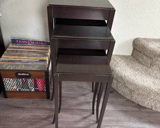 Baker Mahogany  nesting tables                                                14 x 14 x 29
12 x 12 x 25
10 x 10 x 21 1/2