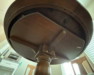 Solid Wood Distressed Pedestal dining table with 6 chairs  31” H x 45” D
27” at tall at apron
Has one leaf to that extend stable to 52" and two armchairs