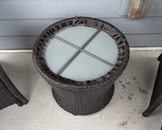 Small forever wicker outdoor patio chairs with nesting foot stools and storage table H 16" at seat x 22" x 20"
table 19” diameter X17” tall