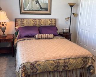 Platform bed headboard 48” Royal Pedic                        Mattress Box Spring and platform excellent condition,  Maitland Smith End table with drawers and pull outs. 25" H X 24" A 24"                                                                     Round drum table with drawers 25" H X 25" D 