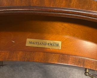Maitland-Smith Regency Style inlayed Mahogany oval  desk with pristine hand tooled leather writing surface.                                                                                                          28" H 63 1/2" W X 26" D                    empire, neoclassical    