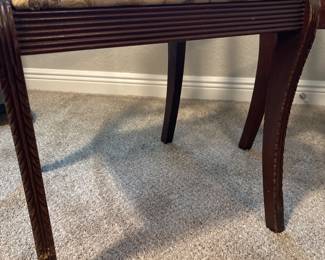 Duncan Phyfe inspired-empire style mahogany lyre-back chair with patterned upholstered seat.