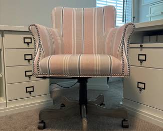 Pink and White Wingback Office Chair with striped fabric upholstery and brass nail head trim. Swivels, roles and lifts. 