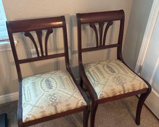 Duncan Phyfe-style mahogany lyre-back chair with patterned upholstered seat. 