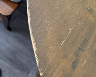 Solid Wood Distressed Pedestal dining table with 6 chairs  31” H x 45” D
27” at tall at apron
Has one leaf to that extend stable to 52" and two armchairs