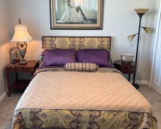 Platform bed headboard 48” Royal Pedic                        Mattress Box Spring and platform excellent condition. Vettrano print of Jacqueline Kennedy Onassis 38" x 47"&nbsp;                                                                                                                                Maitland Smith End table with drawers and pull outs. 25" H X 24" A 24"                                                                     Kunzelmann-Esser Co. Round drum table with drawers 25" H X 25" D&nbsp;&nbsp;