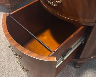 Maitland-Smith Regency Style inlayed Mahogony oval partners desk with hand tooled leather writing surface.                                                                                                          28" H 63 1/2" W X 26" D           empire, neoclassical    