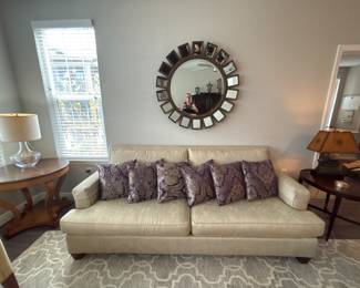 Milling Road from Baker Sofa 90” long x 38” 
Milling Road Baker Oval Back Chair 30" x 36" x 33"
Milling Road Tweed Chair 29 x 31”
Empire Side Table and Glass Lamp 30” x 28”
23 1/2”  Oval side table 24” x 29” 
Milling Road coffee cocktail table 54 x 36 x 18” tall